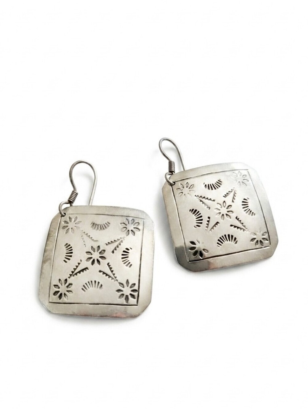 Vintage 925 Mexico Sterling Silver Southwestern Stamped Square Dangle Earrings